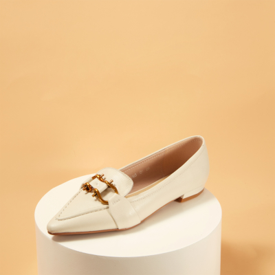 White Genuine Leather Pointy Toe Flats Women's Loafer Shoes