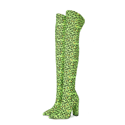 Neon Green Genuine Suede Elastic Block Heel Over-The-Knee Winter Boots