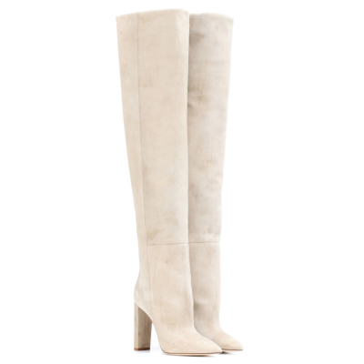 Beige Slouchy Boots Genuine Suede Over-The-Knee Boots with Block heel