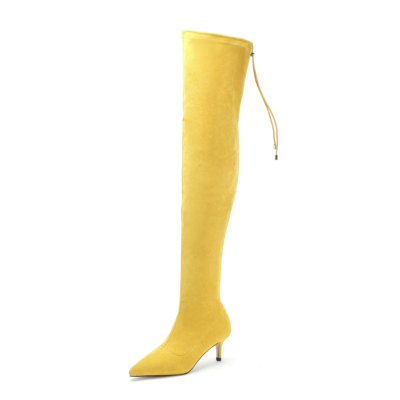 Yellow Suede Pointed Toe Stilettos Long Boot Thigh High Boots