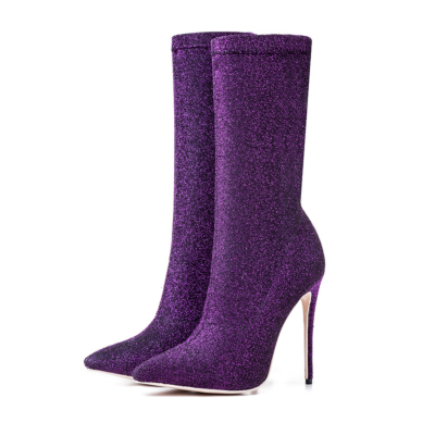 Purple Giltter Stiletto High Heels Sock Boots Stretch Elastic Dress Ankle Booties