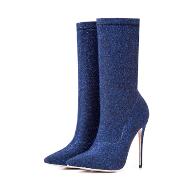Royal Blue Giltter Stiletto High Heels Sock Boots Stretch Elastic Dress Ankle Booties