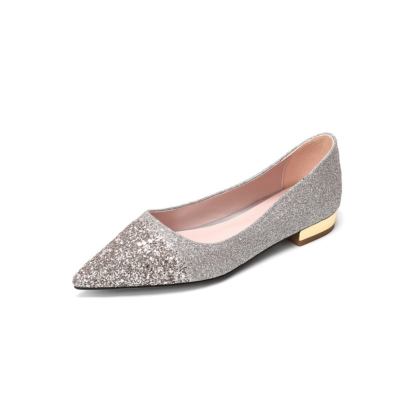 Silver Glitter Flats Pointed Toe Sequined Pumps Work Shoes for Women