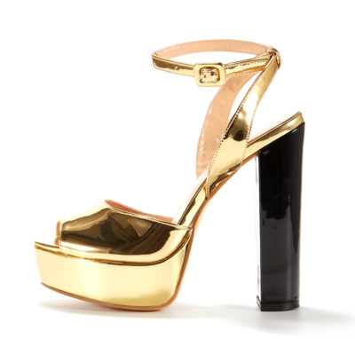 Gold Metallic Peep Toe Block Heel Platform Buckle Sandals with Ankle Strap