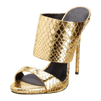 Gold Snake Print Open Toe Mules Stiletto Heels Sandals for 2022 Summer