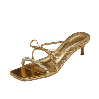 Golden Slide Sandals Bow Knot Pearls Metallic Stiletto Heeled Sandals Low Heel Strappy Party Sandal