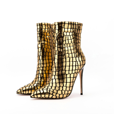Gold Metallic Snake Print Stiletto Boots 5 Inches High Heel Dress Ankle Booties