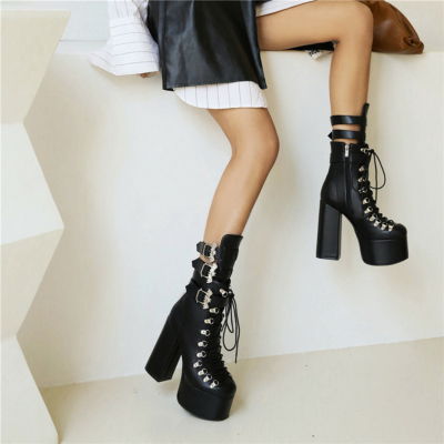 Gothic Lace Up&Buckle Combat Ankle Boots Platform Chunky Heels Tall Booties