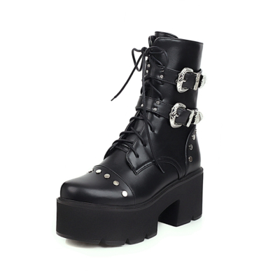 Black Y2K Platform Combat Boots for Women Metal Stud Chunky Heel Ankle Booties Cosplay
