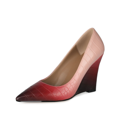 Red Gradien Wedding Wedge Shoes Croc-printed Heeled Pumps with Pointed Toe