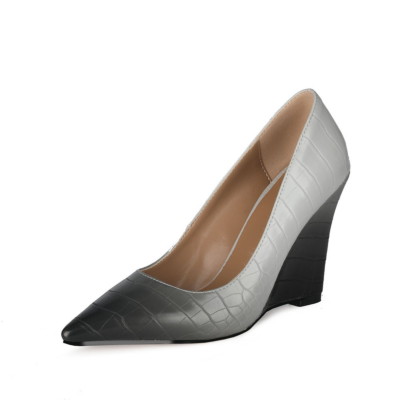 Black&Grey Gradien Wedding Wedge Shoes Croc-printed Heeled Pumps with Pointed Toe