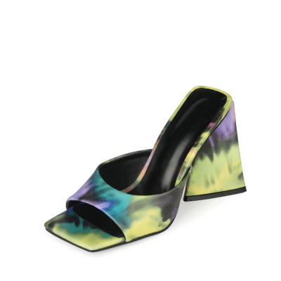 Neon Lime Graffiti Square Toe Slide Party Sandal High Heels PU Mule Sandals