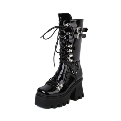 Gothic Lace Up Square Toe Platform Chunky Combat Boots with Buckle