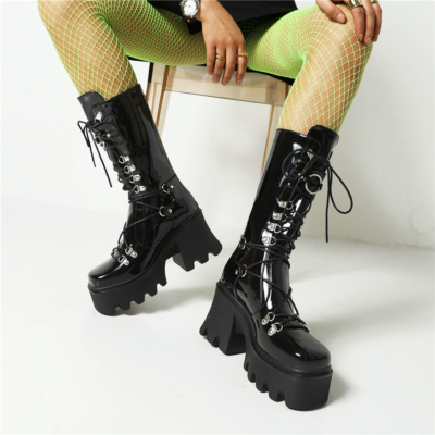 Patent Leather Gothic Lace Up Square Toe Platform Chunky Combat Boots with Buckle