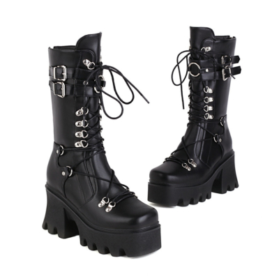 Matte Gothic Lace Up Square Toe Platform Chunky Combat Boots with Buckle