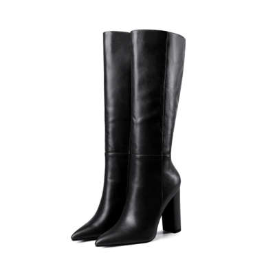 Black Pointy Toe Heeled Dress Mid Calf Boots Knee High Boot