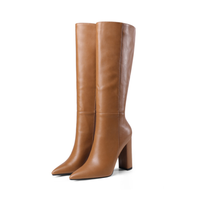Brown Pointy Toe Heeled Dress Mid Calf Boots Knee High Boot