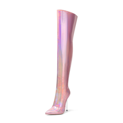 Pink Holographic Heeled Thigh High Boots Wide Calf Zipper Stiletto Boots