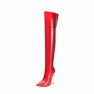 Red Holographic Heeled Thigh High Boots Wide Calf Zipper Stiletto Boots
