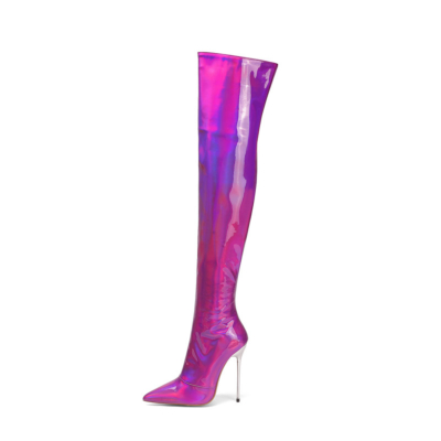 Purple Holographic Heeled Thigh High Boots Wide Calf Zipper Stiletto Boots