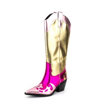 Hot Pink and Golden Fashion Cowboy Boots Block Heels Wide Calf Chelsea Boots