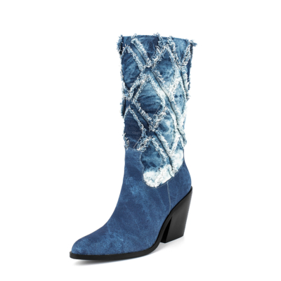 Women's Blue Denim Almond Toe Block Heel Mid Calf Boots Cowboy Booties