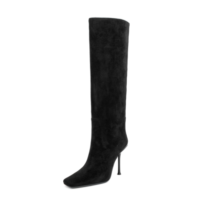 Women's Black Suede Square Toe Knee High Heel Boots