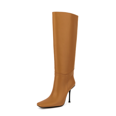 Women's Brown Vegan Leather Square Toe Knee High Heel Boots