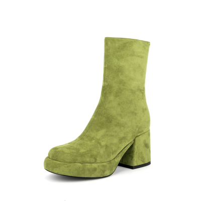 Women's Green Suede Round Toe Block Heel Ankle Boots