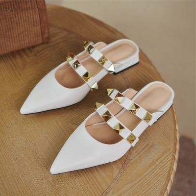2022 Trend Colors White Leather Rivets Pointed Toe Mary Jane Flats Mules