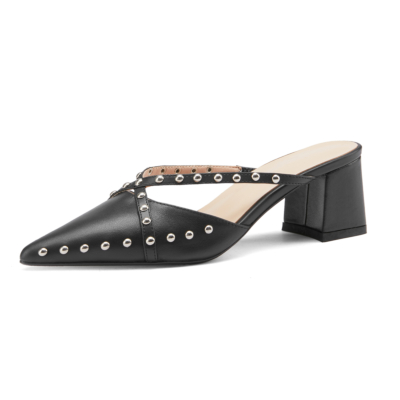 Fashion Rivets Slip On Mules Cross Strap Pointy Toe Mules With Block Heel