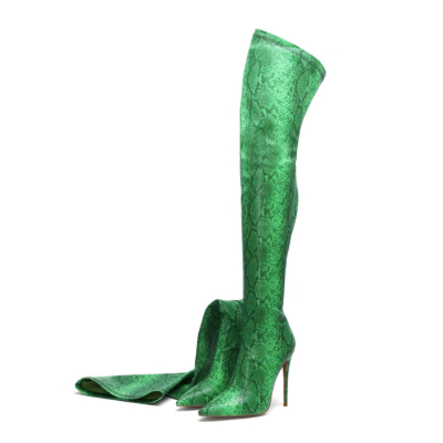 Green Fashion Snake Embossed Pointed Toe Stilettos Over-the-knee Boots
