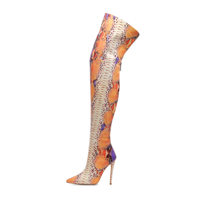 Orange Fashion Snake Embossed Pointed Toe Stilettos Over-the-knee Boots