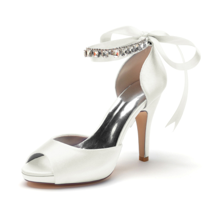Ivory Peep Toe Bow Wedding Shoes Ankle Strap  Stiletto Heel Platform Sandals