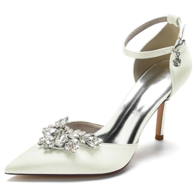 Ivory Satin Pointed Toe Ankle Strap Rhinestone Stiletto Heel Wedding Pumps