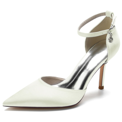 Ivory Satin Pointed Toe Ankle Strap  Stiletto Heel Wedding Pumps