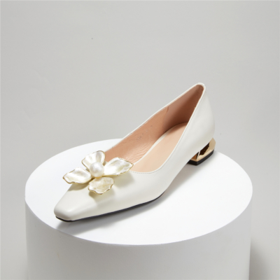 White Metallic Flower Flat Shoes Sqaure Toe Office Pumps With Pearl