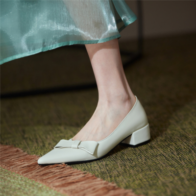 White Leather Pointed Toe Shoes Flats 2021 Bow Dress Pumps