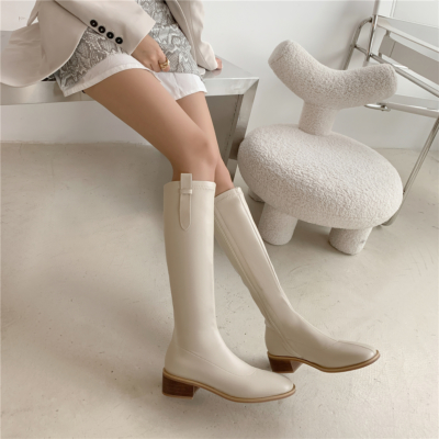 White Leather Round Toe Knee High Boots Flat Riding Boots for Women