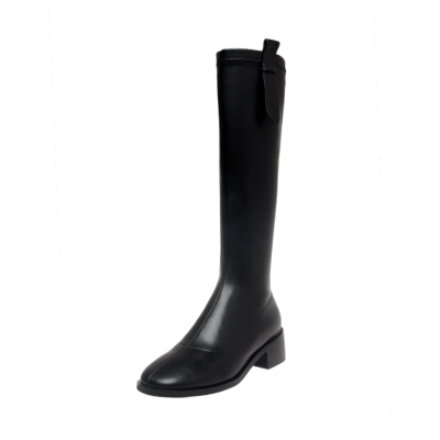 Black Leather Round Toe Knee High Boots Flat Riding Boots for Women