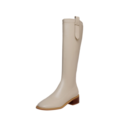 White Leather Round Toe Knee High Boots Flat Riding Boots for Women