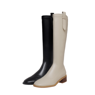 Leather Round Toe Knee High Boots Flat Riding Boots for Women