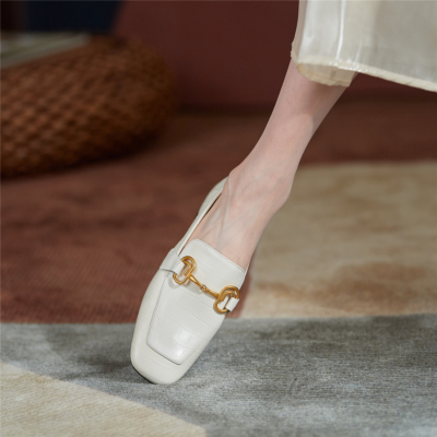 White Leather Sqaure Toe Pumps Croc Effect Horsebit Work Loafers for Women