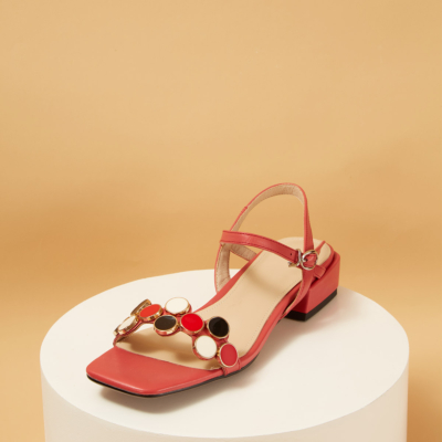 Leather Square Toe Ankle Strap Low Heel Sandals