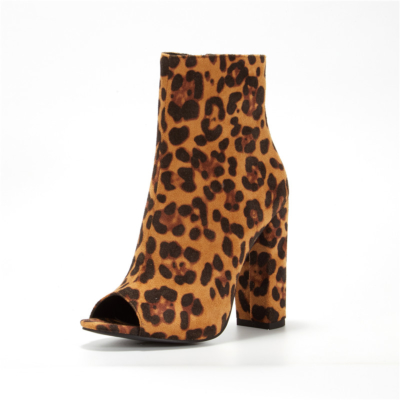 Leopard Peep Toe Ankle Boots Sexy Suede Block Heel Boots with Side Zipper