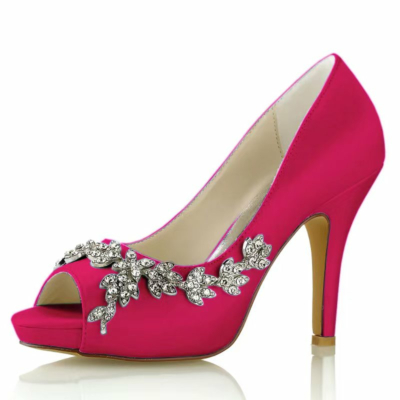 Magenta Satin Peep Toe Wedding Shoes Rhinestone Flowers Stiletto Heel Platform Pumps