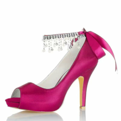 Magenta Satin Peep Toe Wedding Shoes  Ankle Strap Stiletto Heel Platform Pumps