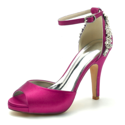Magenta Satin Peep Toe Wedding Shoes Ankle Strap  Stiletto Heel Platform Sandals