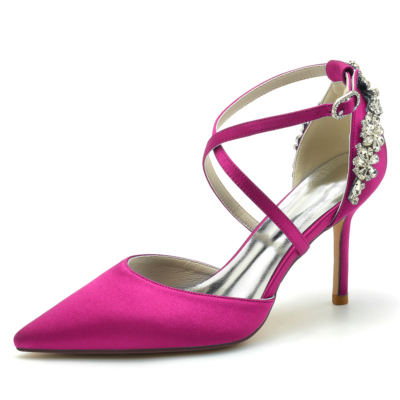 Magenta Satin Pointed Toe Cross Strap Pumps Stiletto Heel Wedding Shoes