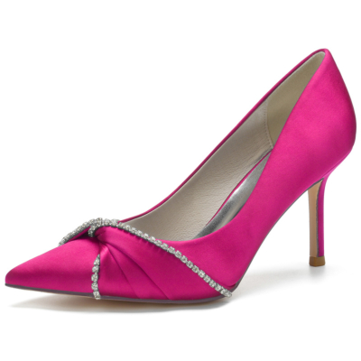 Magenta Satin Wedding Shoes Pointed Toe Stiletto Heel Pumps with Bow